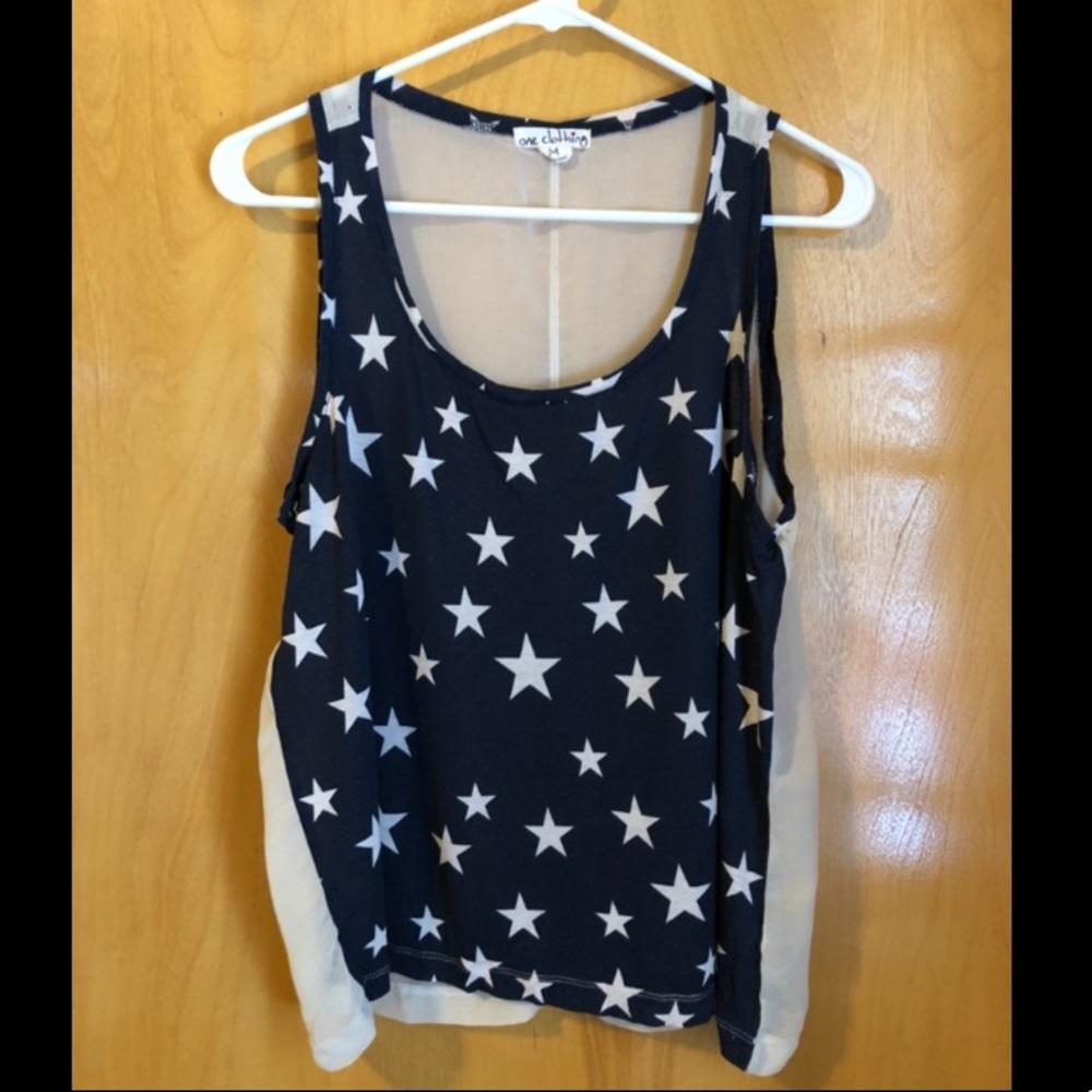 Navy blue tank with star pattern + sheer back